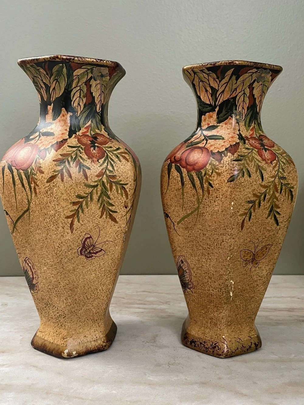 Vintage Nantucket Ceramic Vase Pair | Hand Painted Floral Butterfly